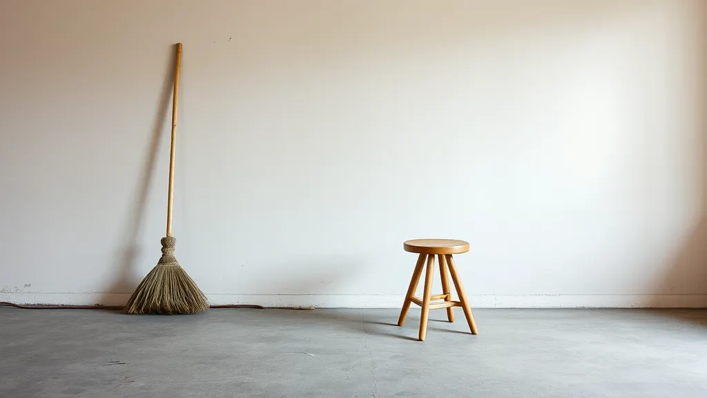 The broom and the stool standing against a bare wall